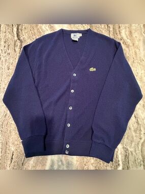 Vintage IZOD LACOSTE Button Front Knit Cardigan Sweater 70s 80s Dark Blue M